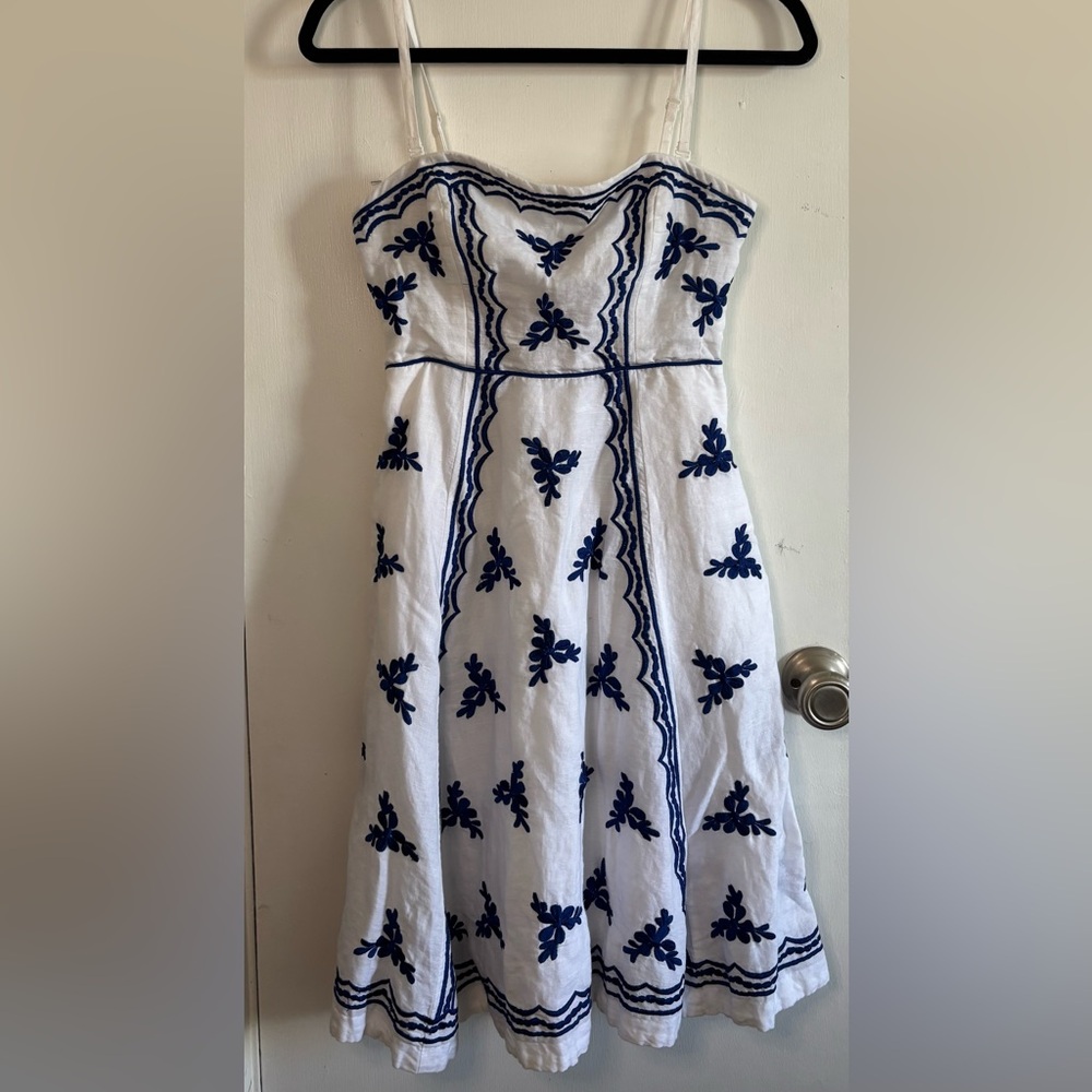 Moulinette Soeurs Strapless Embroidered White and Navy Dress